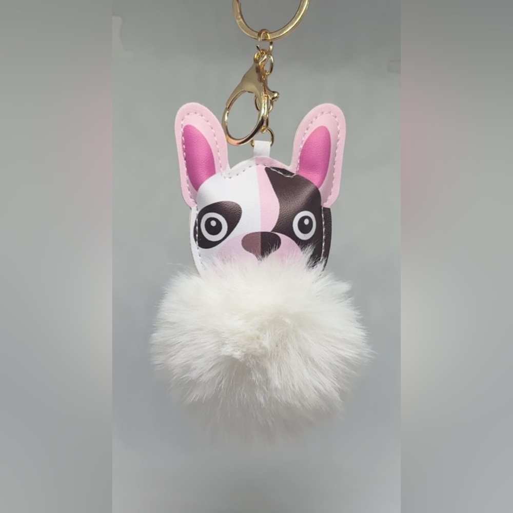 Pug Dog Bag Charm Keychain with Fluffy Pom Pom